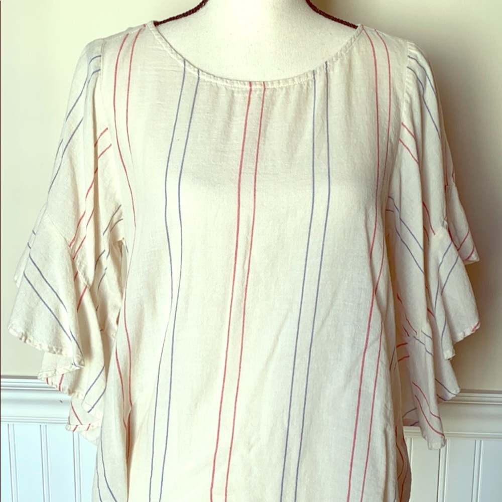 Velvet Cream Blouse with Red and Blue Stripes